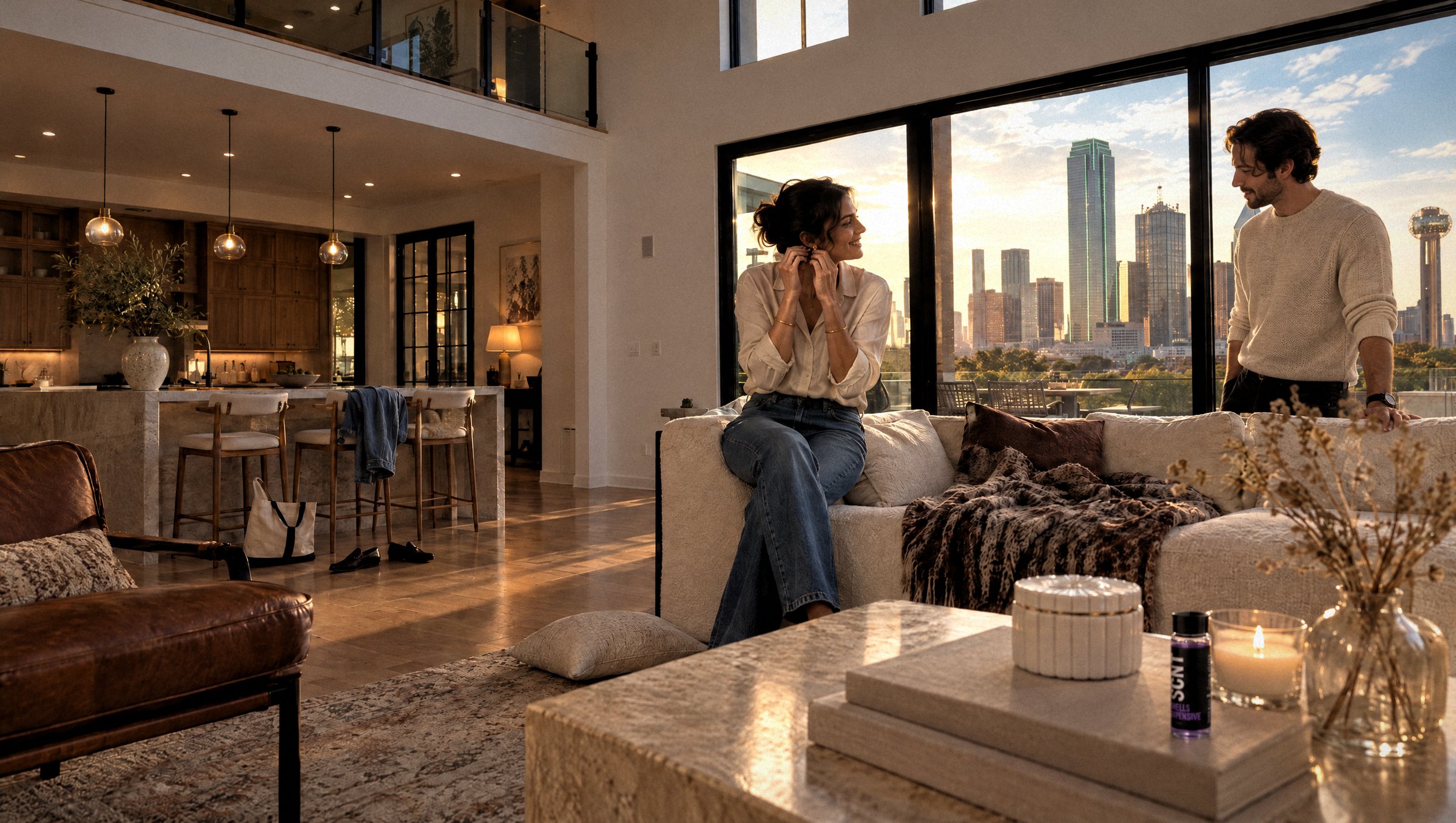 Two friends getting ready to head out in a Dallas penthouse at golden hour, the skyline through the glass, a Smells Expensive vial on the coffee table