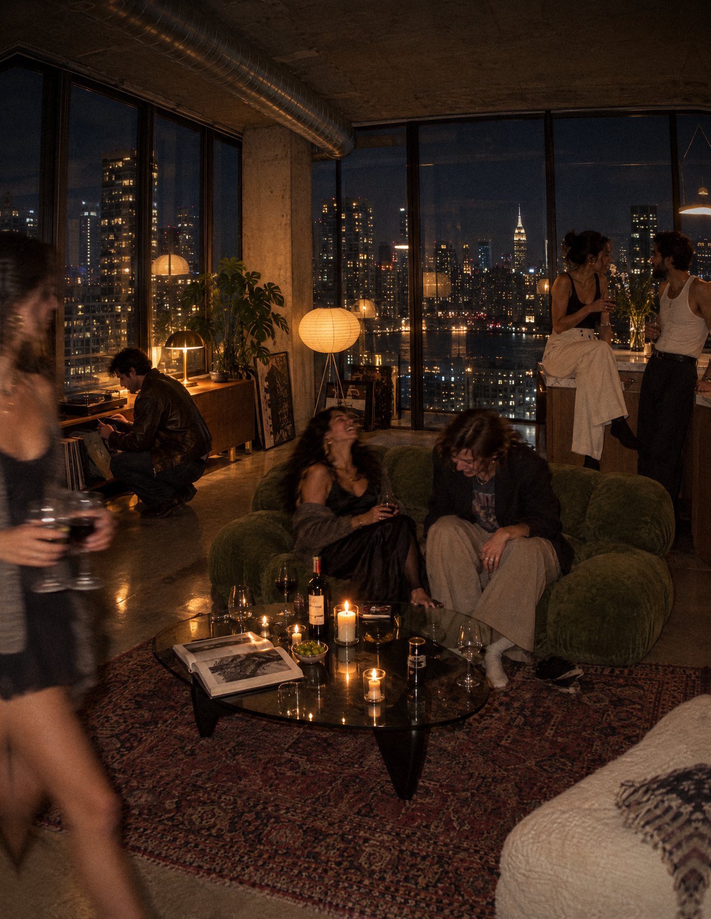 Friends at a late-night gathering in a Brooklyn loft, laughing on a green sofa, choosing a record, the Manhattan skyline through the windows
