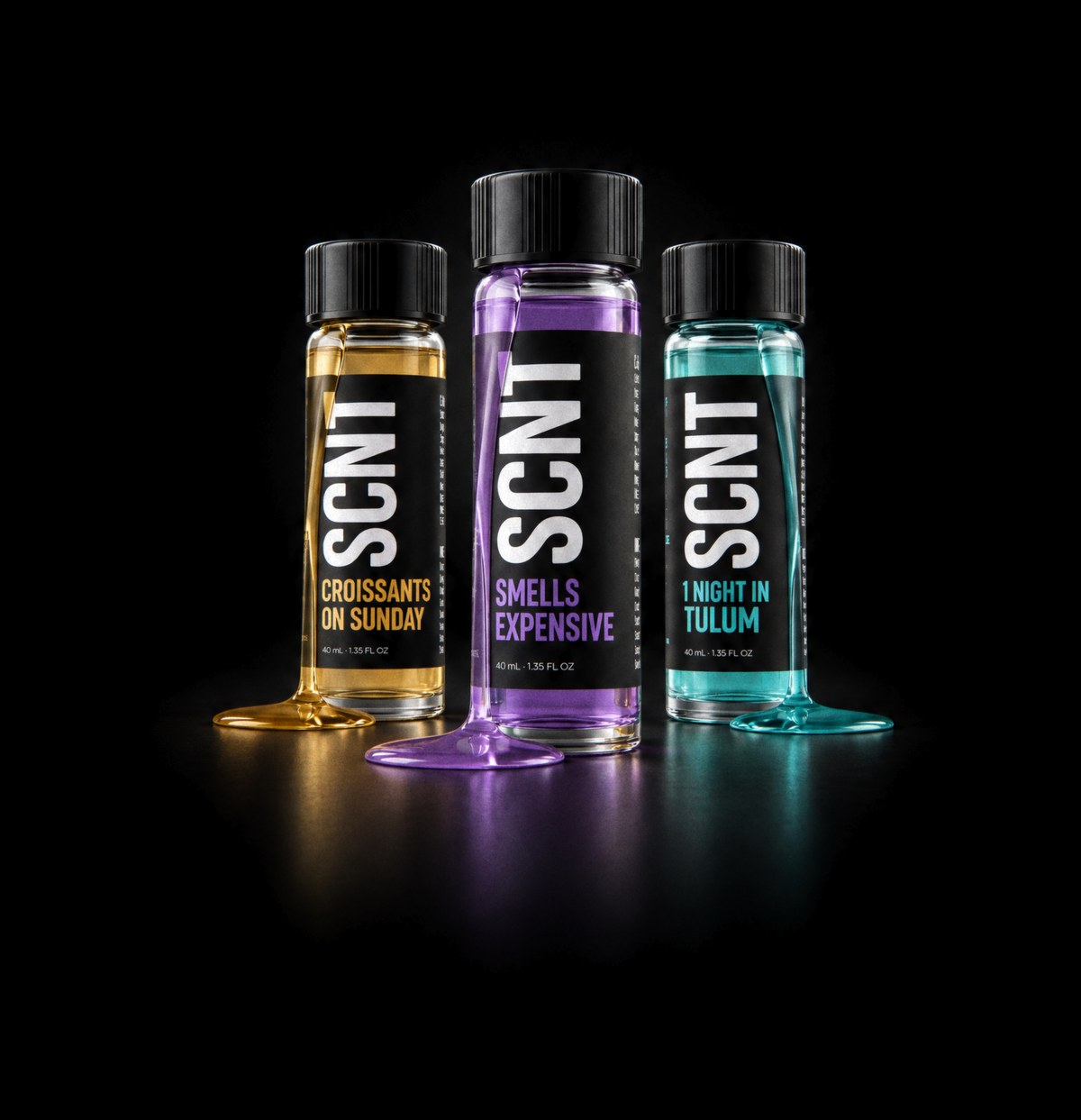 Smells Expensive, Croissants on Sunday and 1 Night in Tulum vials on black