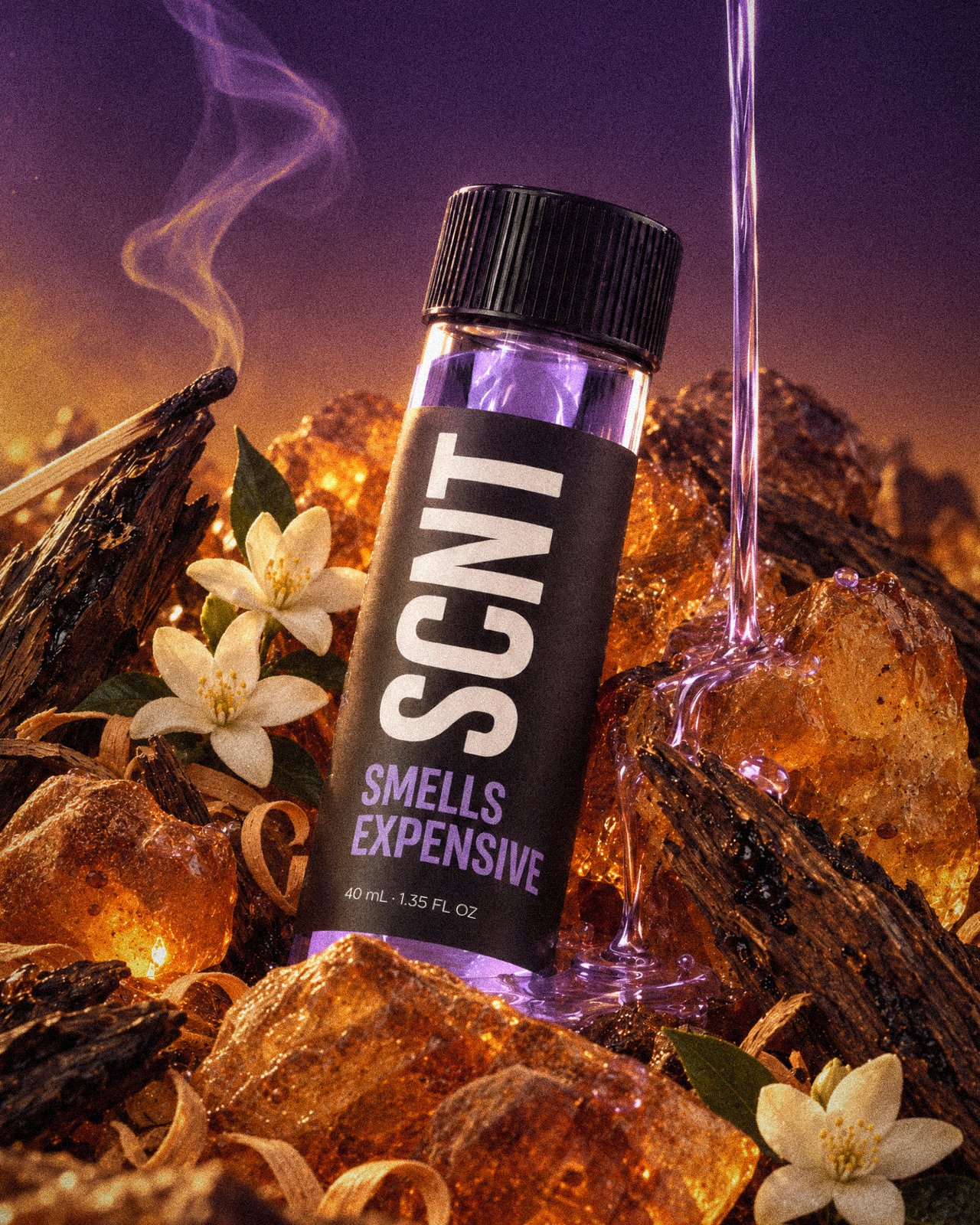 Smells Expensive vial among amber resin, dark woods and white flowers